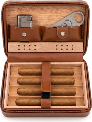1001 Lüks Kahverengi Deri Seyahat Tipi Puro Kutusu - Sedir Ağacı Kaplı 4'lü Portatif Humidor - Puro