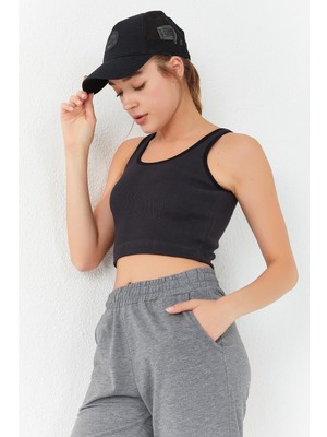 1001 Indigo Basic Sıfır Kol Dar Kalıp U Yaka Crop Top Atlet, T10BY-97160