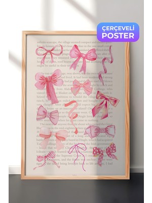 1001 Ahşap Çerçeveli Duvar Tablosu Pembe Fiyonk Desenleri Çocuk Odası Dekoru, 50 x 70