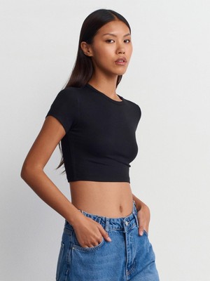 1001 Crop T-Shirt Kadın Bisiklet Yaka Kısa Kol Dar Kalıp Ribanalı Örme Günlük Tişört