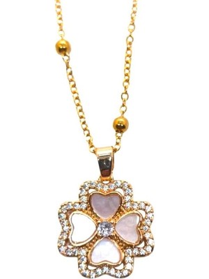1001 Altın Renk Beyaz Sedef Van Cleef Yonca Model Top Zincir Çelik Kolye