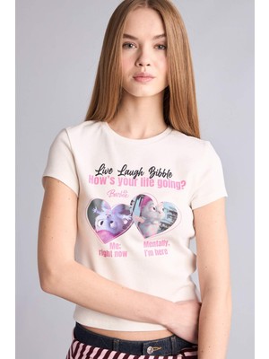 1001 Barbie Fitted Bisiklet Yaka Baskılı Ribana Kısa Kollu Tişört H7282AX26SM