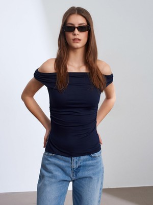 1001 Omuzları Açık Büzgülü Top Kadın Bardot Yaka Body Fit Dar Kalıp Yazlık Bluz