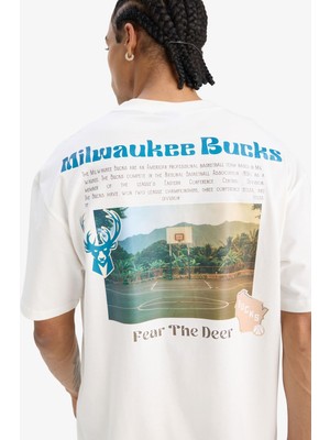 1001 Defactofit Nba Milwaukee Bucks Oversize Geniş Kalıp Bisiklet Yaka Sırt Baskılı Kısa Kollu Tiş