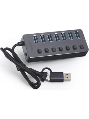 TeknoKapsül Dark Connect Master 7+1 Hızlı Şarj Adaptörlü USB Hub, USB 3.0