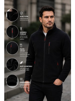 Luxic Core Erkek Siyah Fermuarlı Polar Ceket Dik Yaka Günlük ve Outdoor Kullanım