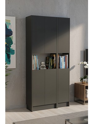 Yeti Mobilya FLAT85 Kitaplık 6 Kapaklı Kütüphane Çok Amaçlı Dolap Antrasit