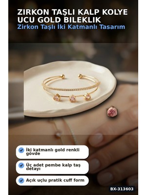 Ronanna Buğz Zirkon Taşlı Kalp Kolye Ucu Gold Bileklik - Pirinç Materyal Kadın Aksesuarı BX-313603
