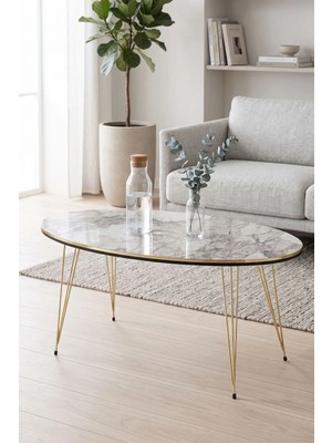 Belirtilmemiş Gold Tel Oval Orta Sehpa Beyaz
