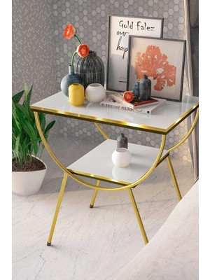 Belirtilmemiş Gold Metal Yan Sehpa Beyaz Komodin