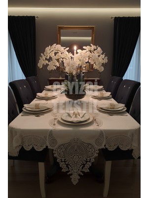 Belirtilmemiş Salkım Masa Örtüsü 12 Kişilik Linen Kumas Krem Sofra Takımı