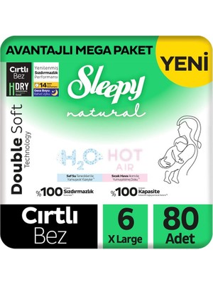 Sleepy Natural Double Soft Avantajlı Mega Paket Bebek Bezi 6 Numara Xlarge 80 Adet