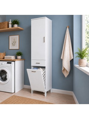 Rani Mobilya Rani KC120 Banyo Dolabı Düşer Kapaklı Raflı Çamaşır Sepeti Bölmeli Çok Amaçlı Dolap Beyaz
