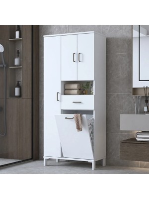 Rani Mobilya Rani KC122 Banyo Dolabı Düşer Kapaklı Raflı Çekmeceli Çamaşır Sepeti Bölmeli Çok Amaçlı Dolap Beyaz