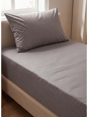 Maki Home Makiteks Çizgili Polycotton 90X190+50X70 Tek Kişilik Fitted Lastikli Çarşaf ve Yastık Kılıfı Yurt Pansiyon Öğrenci Evi 25 cm Yükseklik