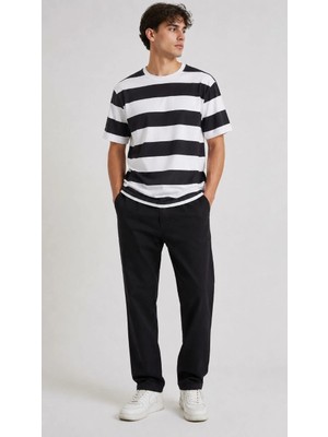 3 Erkek Çizgili Oversize Tişört Bisiklet Yaka Kısa Kol Yazlık T-Shirt - Siyah