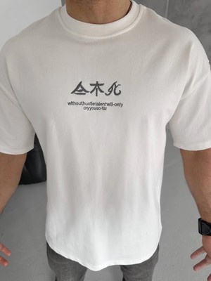 3 Erkek Bisiklet Yaka Baskılı T-Shirt - Beyaz