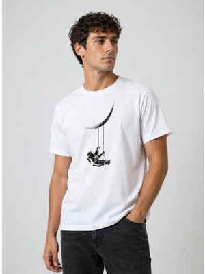 3 Erkek Astronot Ay Temalı Tişört Kısa Kol Yazlık Bisiklet Yaka T-Shirt - Beyaz