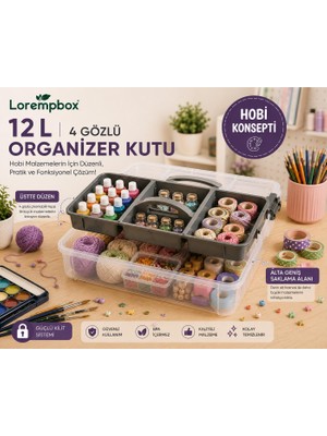 Lorempbox 12 L 4 Gözlü Organizer Saklama Kutusu – Çıkarılabilir Bölmeli Taşıma Tepsili, Kilitli Hobi ve Düzenleme Kutusu