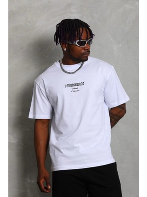 3 Oversize Baskılı Bisiklet Yaka T-Shirt - Beyaz -