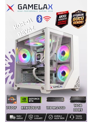 Gamelax Kor-01 Beyaz Amd Ryzen5 7500F RTX5060 Ti 8gb 16GB Ddr5 Ram 1tb M.2 SSD 240MM Sıvı Soğutma Wi-Fi Masaüstü Gaming Bilgisayarı