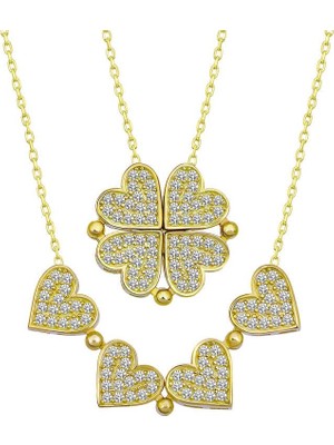 Inure Jewelry Gümüş Gold Kalpli Açılabilen Yonca Kadın Kolye