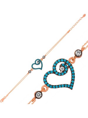 Inure Jewelry Gümüş Rose Mavi Kalpli Bayan Bileklik