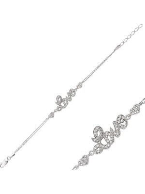 Inure Jewelry Gümüş Kalpli Love Yazılı Bayan Bileklik