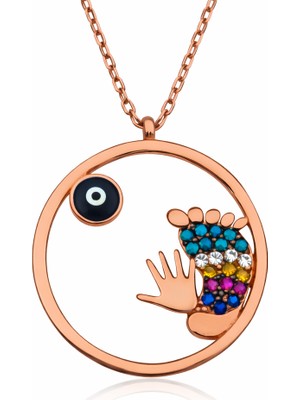 Inure Jewelry Gümüş Rose Nazarlı El ve Ayak İzi Bayan Kolye