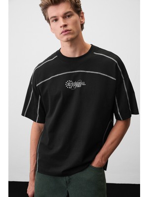 Grimelange Alvarez Erkek Kontrast Dikişli Baskılı Siyah T-Shirt