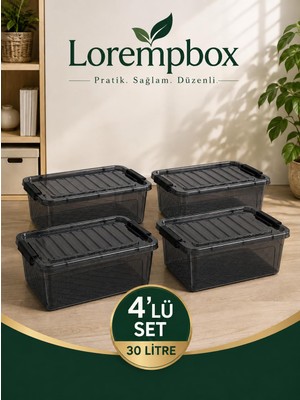 Lorempbox 30 L Kilitli Antrasit Saklama Kutusu 4’lü Set – Istiflenebilir Organizer Düzenleme Kutusu