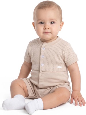 Bebegen Erkek Bebek Açık Kahve Jakarlı Düğmeli Şort Tulum