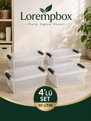Lorempbox 30 L Kilitli Şeffaf Saklama Kutusu 4’lü Set – Istiflenebilir Organizer Düzenleme Kutusu