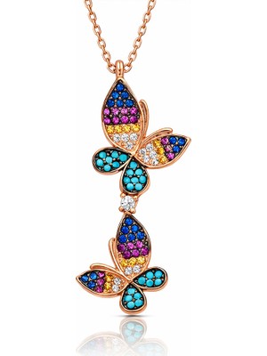 Inure Jewelry Gümüş Rose  Çift Kelebek Bayan Kolye