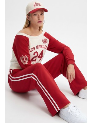 Ritnice Kadın Stone Kayık Yaka Sweatshirt Şeritli Alt Eşofman Kırmızı Alt Üst Takım