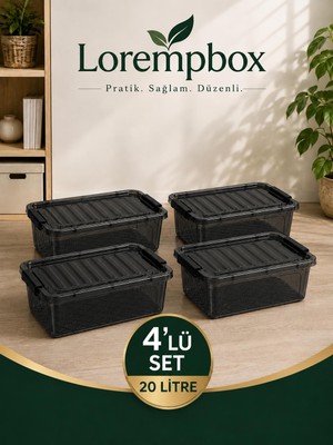Lorempbox 20 L Kilitli Saklama Kutusu 4’lü Set – Antrasit, Istiflenebilir Düzenleyici Organizer Kutu