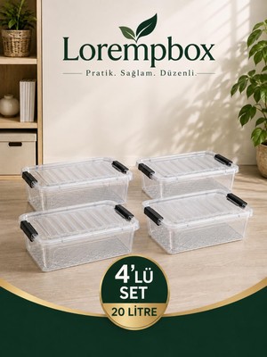 Lorempbox 20 L Kilitli Saklama Kutusu 4’lü Set –  Şeffaf, Istiflenebilir Düzenleyici Organizer Kutu