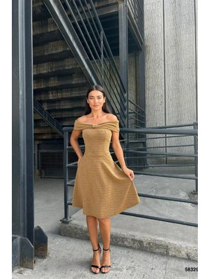 Cotton Soft Kadın Minimal Madonna Yaka Şık Abiye Elbise
