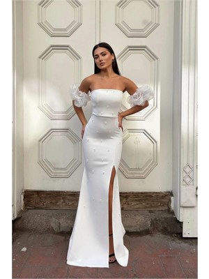 Cotton Soft Kadın Şık Tasarım Scuba Esnek Kumaş Straplez Pile Detaylı Abiye Elbise