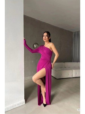 Cotton Soft Kadın Modern Stil Saten Kumaş Tek Omuz Dekolteli Maxi Abiye Elbise