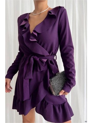 Cotton Soft Kadın Kruvaze Yaka Volanlı Uzun Kollu Elbise