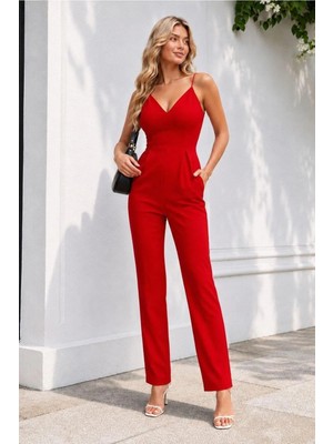 Cotton Soft Kadın Krep Kumaş V Yaka Askılı Tulum