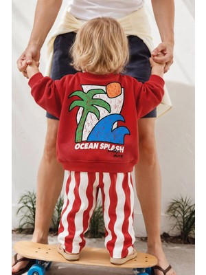 Monila Erkek Çocuk Kırmızı Baskılı 3 Iplik Kumaş Pamuklu Sweatshirt ve Kırmızı Çizgili Eşofman  Altüst Takım