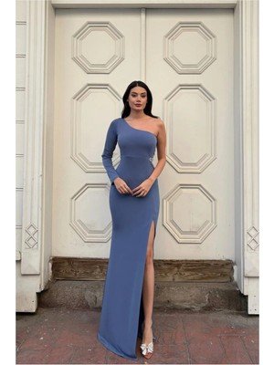 Cotton Soft Kadın Trend Model Simli Kumaş Asimetrik Yaka Drapeli Tek Kollu Elbise