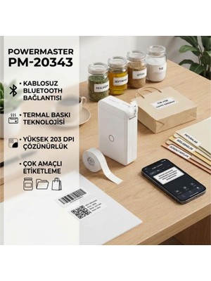 Tekno Hediye Powermaster  Kablosuz Bluetooth Termal Etiket Makinesi Taşınabilir Ev Ofis Organizer Yazıcı (Beyaz)