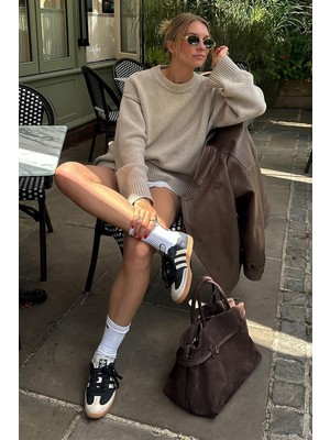 Seeh Bej Bisiklet Yaka Oversize Triko Kazak SH173