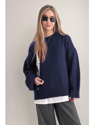 Seeh Lacivert Bisiklet Yaka Oversize Triko Kazak SH173