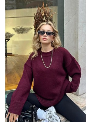 Seeh Bordo Bisiklet Yaka Oversize Triko Kazak SH173