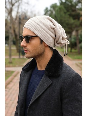 Ritagarcia Unisex Arkası Ipli Büzgülü Triko Bere Kışlık Dökümlü Slouchy Beanie Bere