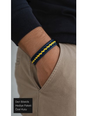 Herşey Nota Kelmaro Navyline Lacivert Deri Erkek Bileklik - Çift Renk Örgü Detaylı